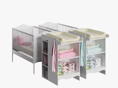 White Baby Crib with Matching Changing Tables Storage Shelves Pink Blue Towels and Baby Supplies 3d model