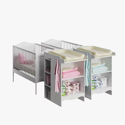 White Baby Crib with Matching Changing Tables Storage Shelves Pink Blue Towels and Baby Supplies 3d model