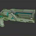 Futuristic Sci Fi Gun with Metallic Silver Body Blue Accent Lines and Ergonomic Grip Design
