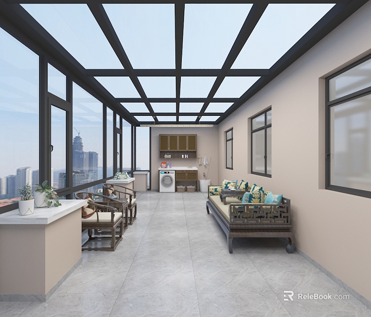 Modern Villa Balcony Design With Glass Roof Sofa Set And City Skyline View 3d model 