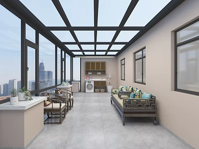 Modern Villa Balcony Design With Glass Roof Sofa Set And City Skyline View 3d model