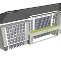 Modern White Office Building with Large Windows Grand Entrance Landscaped Area Blue Sky and Pedestrians