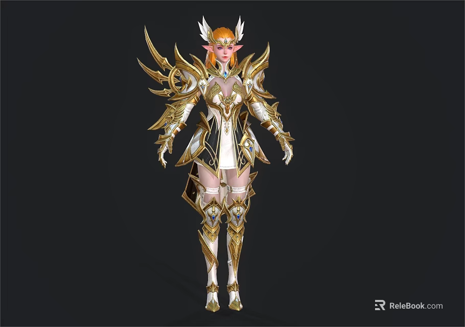 Game Movie Character Female Elf With Golden Armor White Wings And Outfit 3d model 