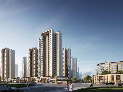 Modern High Rise Residential Buildings Featuring Urban Street Greenery and Pedestrian Walkways 3d model