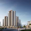 Modern High Rise Residential Buildings Featuring Urban Street Greenery and Pedestrian Walkways