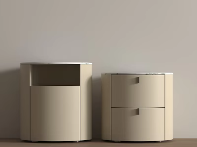 Sleek Modern Beige Bedside Tables with Open Shelf and Two Drawers Against Wall 3d model