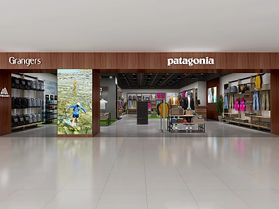Modern Clothing Store Interior With Grangers Patagonia Apparel Shelves And Displays 3d model