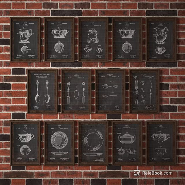 Vintage Kitchen Utensils Decorative Prints Hanging on Brick Wall Background 3d model