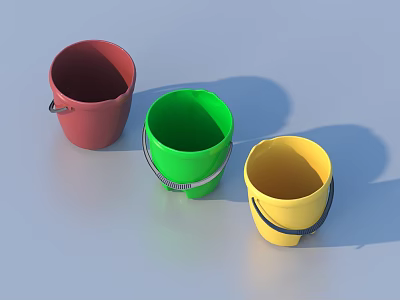 Three Colorful Buckets Red Green Yellow With Metal Handles On Light Blue Surface 3d model