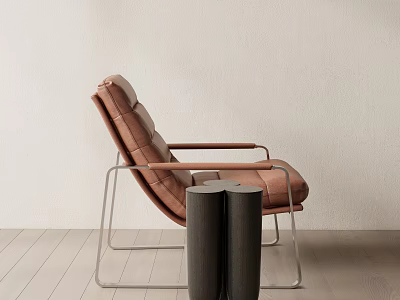 Modern Brown Leather Leisure Chair With Metal Frame And Side Table Against Light Wall 3d model