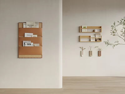 Wooden Wall Decor with Multi Layer Shelves Holding Cards Small Items and Green Plant Branches 3d model