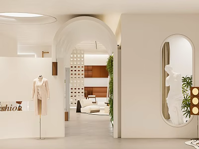 Modern Fashion Store Interior Design With White Arched Doorway Mannequins And Green Plants 3d model