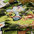 Park Landscape With Curved Water Features Play Areas And Lush Greenery