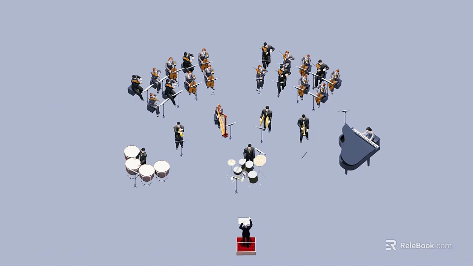 Group of Symphony Orchestra Musicians Performing with String Instruments Percussion Piano and Conductor on Stage 3d model 