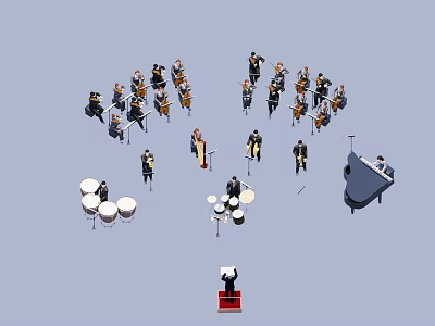 Group of Symphony Orchestra Musicians Performing with String Instruments Percussion Piano and Conductor on Stage 3d model