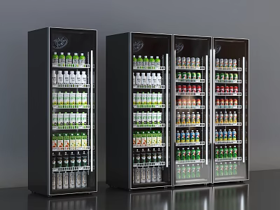 Commercial Display Refrigerators With Glass Doors Filled With Various Beverages 3d model