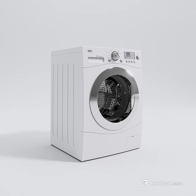 White Modern Front Load Washing Machine With Transparent Door And Control Panel 3d model 