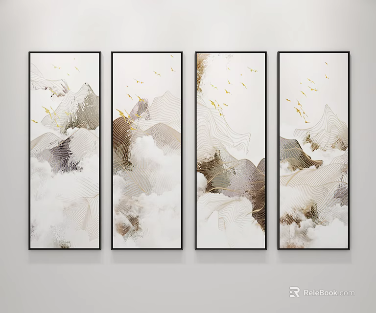 Four Vertical Panel Decorative Paintings with Mountain Clouds Golden Birds and Black Frames 3d model 