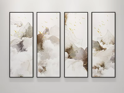 Four Vertical Panel Decorative Paintings with Mountain Clouds Golden Birds and Black Frames 3d model