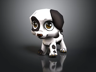 Cartoon Dog 3D Model With Black And White Spots Large Eyes On Reflective Dark Background 3d model