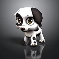 Cartoon Dog 3D Model With Black And White Spots Large Eyes On Reflective Dark Background