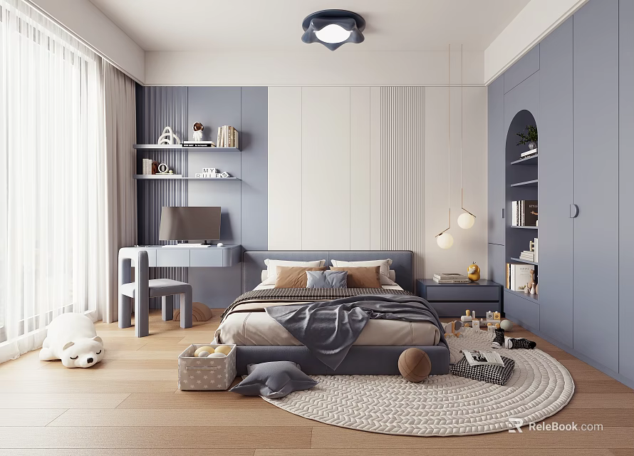 Modern Kids Bedroom Interior With Study Desk Storage And Playful Decor 3d model 