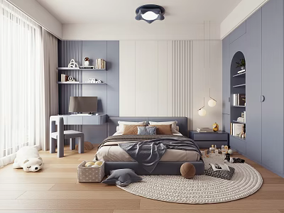 Modern Kids Bedroom Interior With Study Desk Storage And Playful Decor 3d model