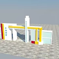 White Entrance Gate With Yellow Accents Red Details And Glass Windows On Tiled Floor