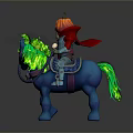 Game Character Pumpkin Head Knight Riding Blue Horse With Green Glowing Mane And Red Cape