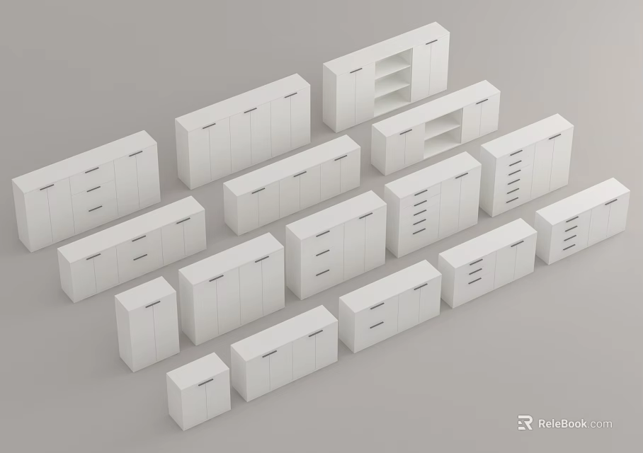 Multiple White Cabinets With Various Styles And Designs For Home Storage Solutions 3d model 