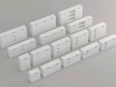 Multiple White Cabinets With Various Styles And Designs For Home Storage Solutions 3d model