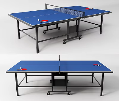 Portable Blue Ping Pong Table With Paddles Balls And Wheels For Indoor Sports Use 3d model