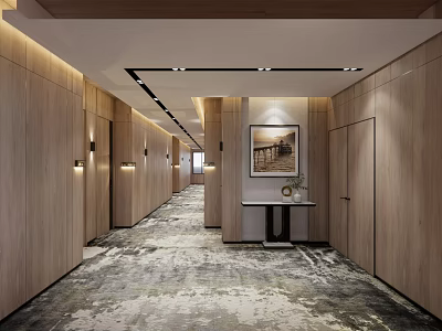 Hotel Corridor Interior Design With Wooden Walls Patterned Carpet Ceiling Lighting And Decorative Painting 3d model
