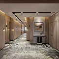 Hotel Corridor Interior Design With Wooden Walls Patterned Carpet Ceiling Lighting And Decorative Painting