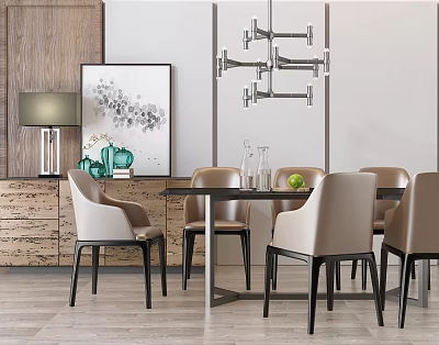 Modern Dining Table and Chair Combination Dining Table and Chair Side Cabinet Chandelier 3d model