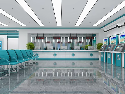 Modern Service Hall Interior With Blue Chairs Service Counters Screens And Green Plants 3d model