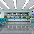 Modern Service Hall Interior With Blue Chairs Service Counters Screens And Green Plants