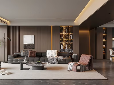 Modern Living Dining Room Interior With Dark Sofa Decorative Pillows Area Rug Artwork And Bookshelves 3d model