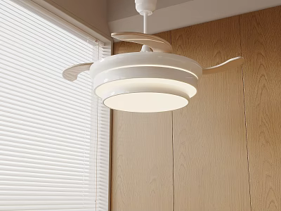 Modern Interior Design With White Ceiling Fan Light And Wooden Wall Blinds 3d model