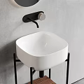 Modern Minimalist Washbasin with White Vessel Black Metal Stand Wooden Base and Round Mirror