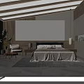 Hotel Guest Room With Wooden Ceiling Beams Large Bed Bedside Lamps And Armchair