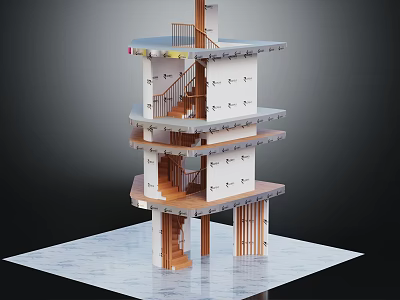 Detailed Multi Level Architectural Model With Wooden Stairs White Exterior And Transparent Base 3d model