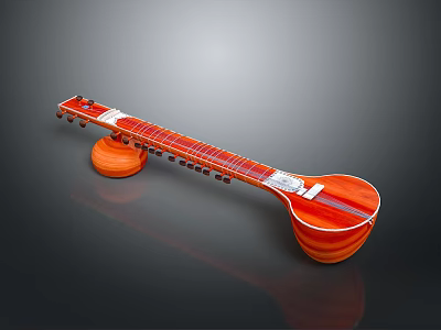 Traditional Red Wooden Sitar With Strings And Curved Body Design Details 3d model