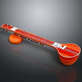 Traditional Red Wooden Sitar With Strings And Curved Body Design Details