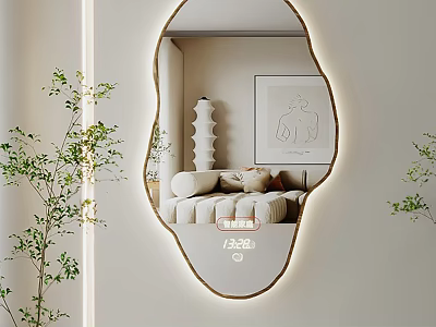 Decorative Irregular Shaped Mirror With LED Light Reflecting Modern Living Room Sofa And Plant 3d model