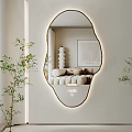 Decorative Irregular Shaped Mirror With LED Light Reflecting Modern Living Room Sofa And Plant