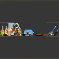 Household Kitchen Essentials Including Bottles Toaster Frying Pan Whisk Knife Cutting Board And Food Items