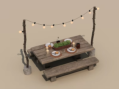Outdoor Wooden Dining Table Set With Bench String Lights Plates And Plants 3d model
