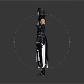Hooded Female Game Character In Black Gray Tight Suit With Armored Details And Combat Gear