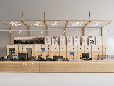 Teahouse Front Desk Water Bar Counter Cash Register Tea Cabinet Chinese Medicine Cabinet Grille Ceiling Cash Register Menu Cooking Tea 3d model